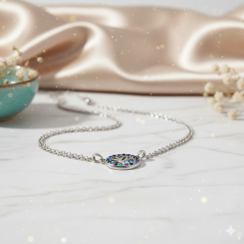 Silvanya Tree-Eye Pendant — 925 Sterling Silver Tree of Life Necklace with Blue & Purple Stones