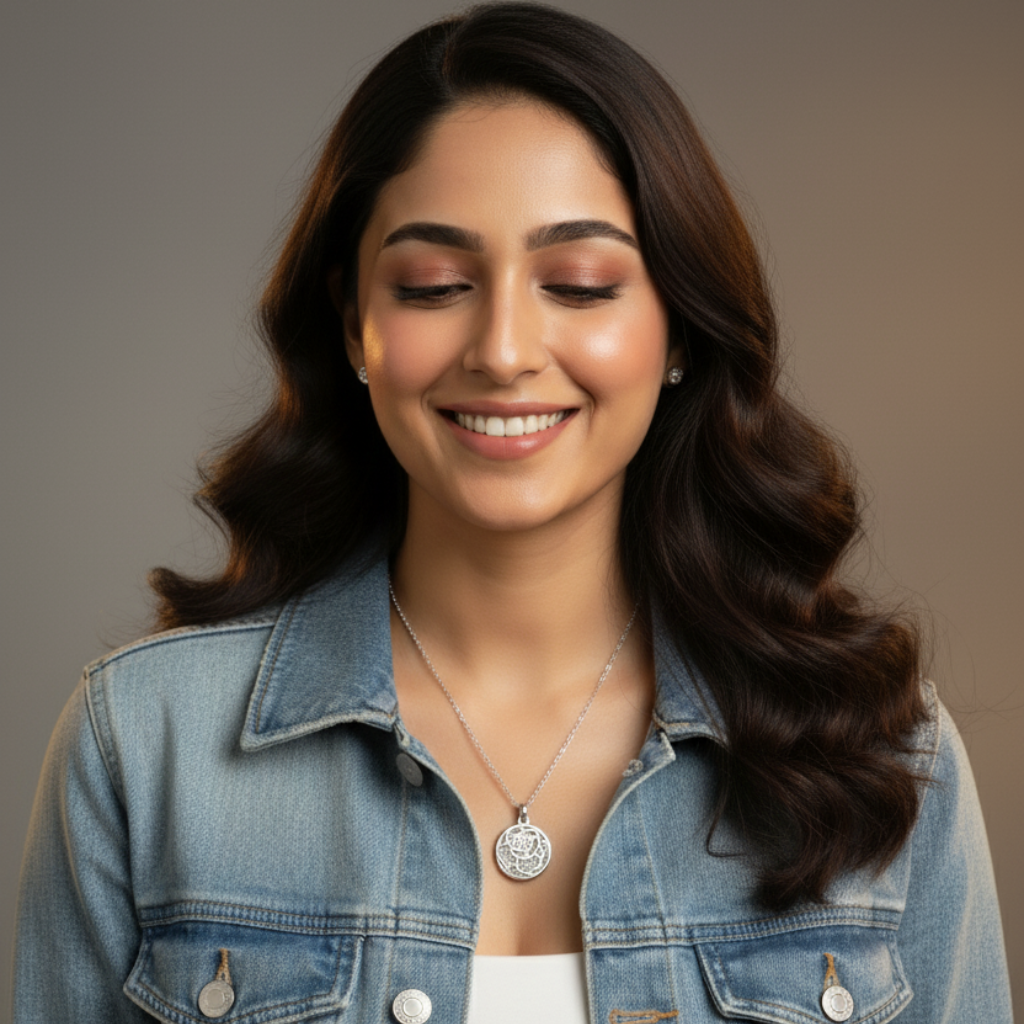 Sterling Silver Reversible Rose & Pavé CZ Round Pendant Necklace