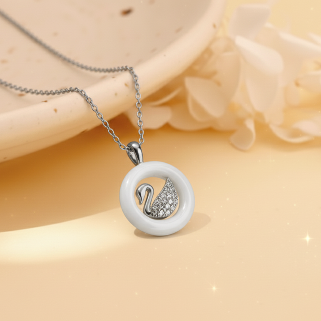 Silvanya Swanica Pendant — 925 Sterling Silver + White Inlay, Pavé Stones