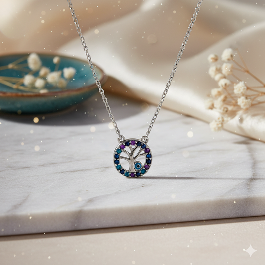 Silvanya Tree-Eye Pendant — 925 Sterling Silver Tree of Life Necklace with Blue & Purple Stones