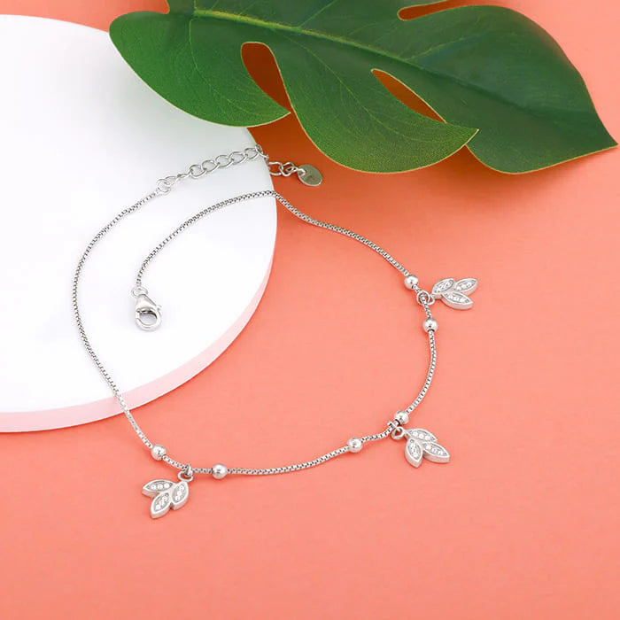 Silver 3 Leaves Charm Anklet