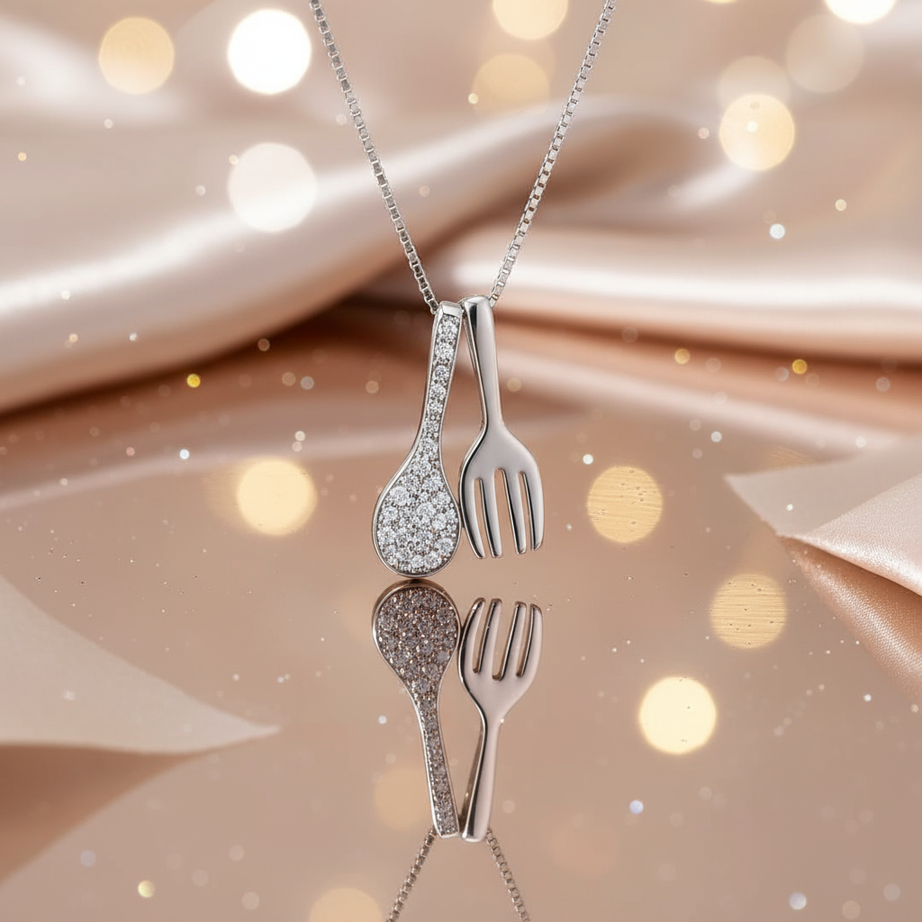 Sterling Silver Spoon & Fork Pendant Necklace with CZ! Silvanya
