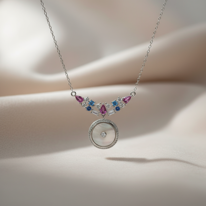Sterling Silver Mother-of-Pearl Pendant Necklace with Multicolor CZ Accents