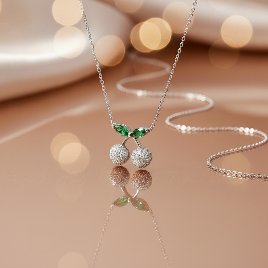 Sterling Silver Cherry Pendant Necklace with CZ Stones & Green Enamel