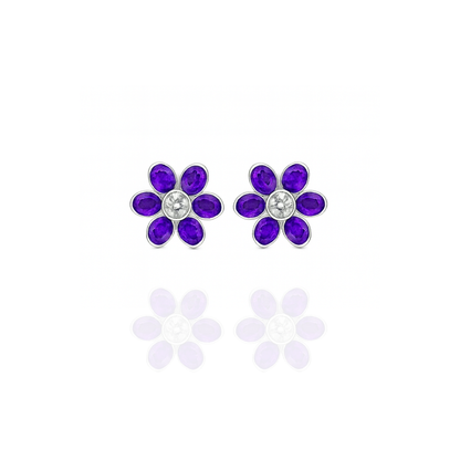 Sterling Silver Purple Flower Stud Earrings with CZ Stones