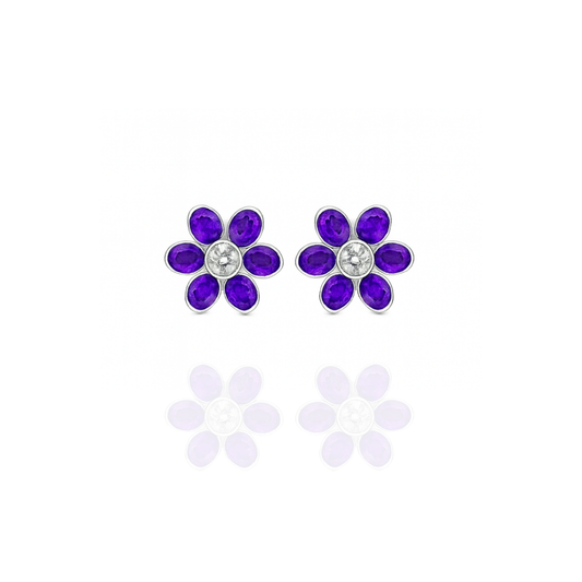 Sterling Silver Purple Flower Stud Earrings with CZ Stones