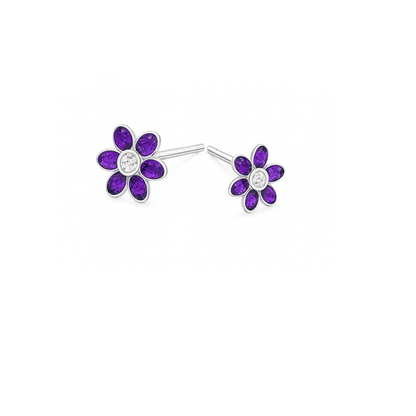 Sterling Silver Purple Flower Stud Earrings with CZ Center